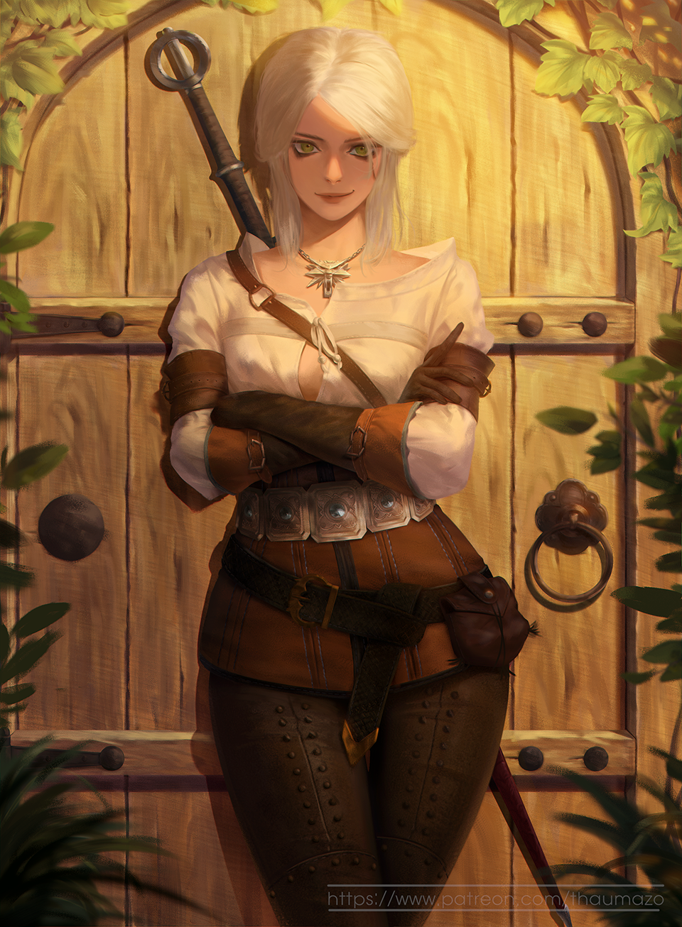belt ciri cowboy_shot crossed_arms door gloves green_eyes highres jewelry leather leather_belt leather_gloves leather_pants looking_at_viewer necklace outdoors pale_skin pants pouch sheath sheathed shirt skin_tight smile standing sword thaumazo the_witcher thigh_gap weapon white_hair