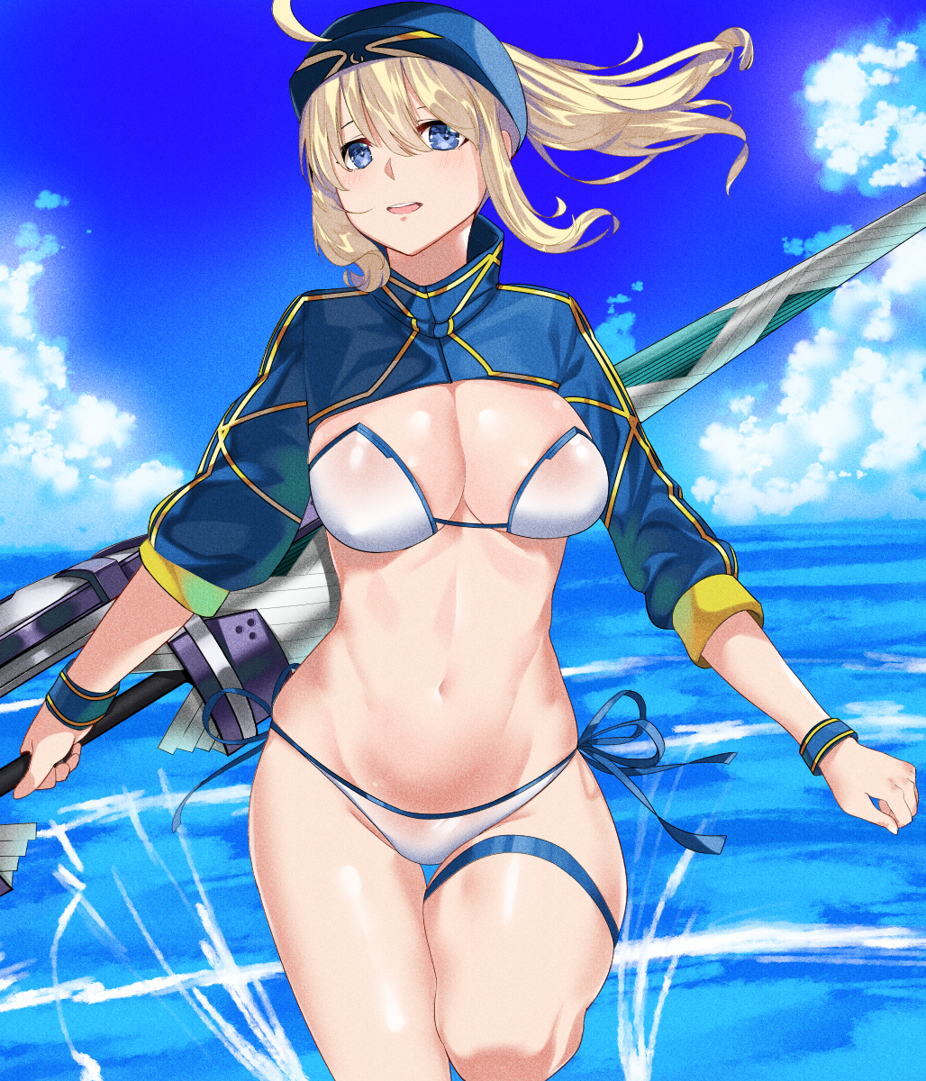 1girl ahoge artoria_pendragon_(all) baseball_cap bikini blonde_hair blue_eyes blue_hat blue_jacket breasts cleavage clouds cropped_jacket day fate/grand_order fate_(series) hair_between_eyes hat highres jacket kurosawa_(hjkl42332) large_breasts long_hair long_sleeves looking_at_viewer mysterious_heroine_xx_(foreigner) navel ocean open_mouth outdoors ponytail side-tie_bikini sky solo standing standing_on_one_leg swimsuit thigh_strap thighs wading water weapon white_bikini wristband zipper