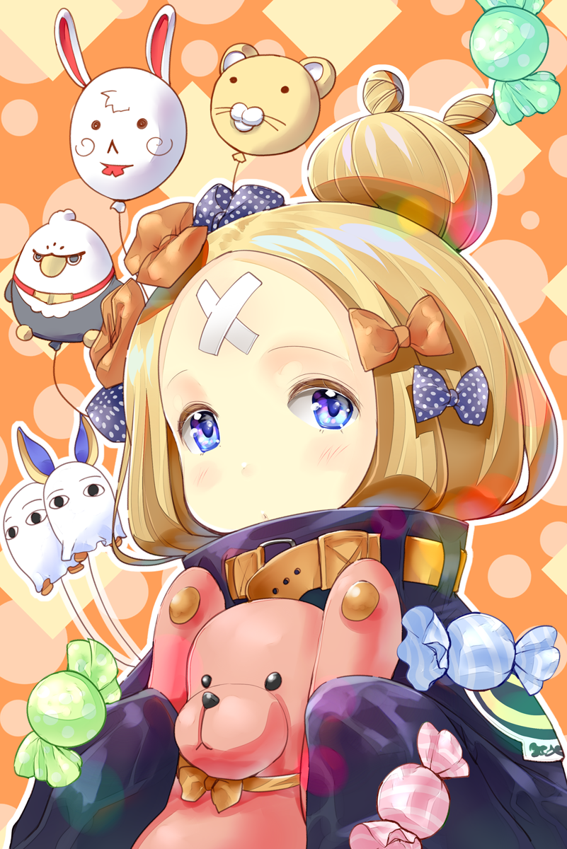 1girl abigail_williams_(fate/grand_order) awa_(rosemarygarden) bangs black_bow black_jacket blonde_hair blue_eyes blush bow candy_wrapper closed_mouth commentary_request crossed_bandaids fate/grand_order fate_(series) fou_(fate/grand_order) hair_bow hair_bun head_tilt heroic_spirit_traveling_outfit highres holding holding_stuffed_animal jacket long_hair long_sleeves looking_at_viewer medjed orange_bow parted_bangs polka_dot polka_dot_bow sleeves_past_fingers sleeves_past_wrists solo stuffed_animal stuffed_toy teddy_bear