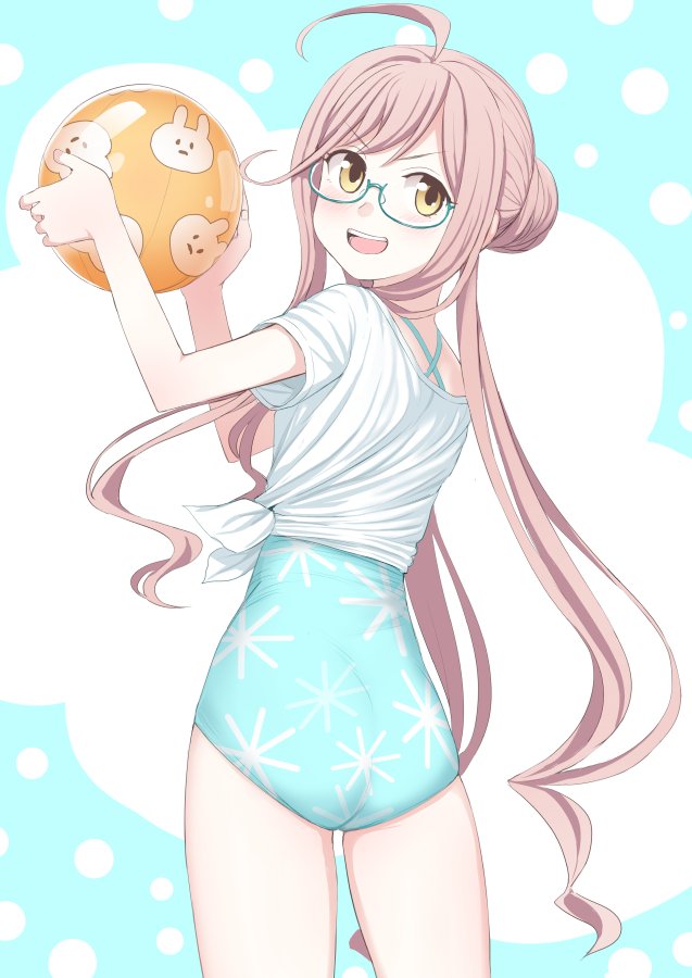1girl ahoge ass ball beachball blue-framed_eyewear blue_swimsuit casual_one-piece_swimsuit cowboy_shot double_bun flat_ass floral_print from_behind glasses kantai_collection kumadano looking_at_viewer looking_back makigumo_(kantai_collection) one-piece_swimsuit open_mouth pink_hair shirt smile solo swimsuit swimsuit_under_clothes tied_shirt twintails two-tone_background white_shirt yellow_eyes