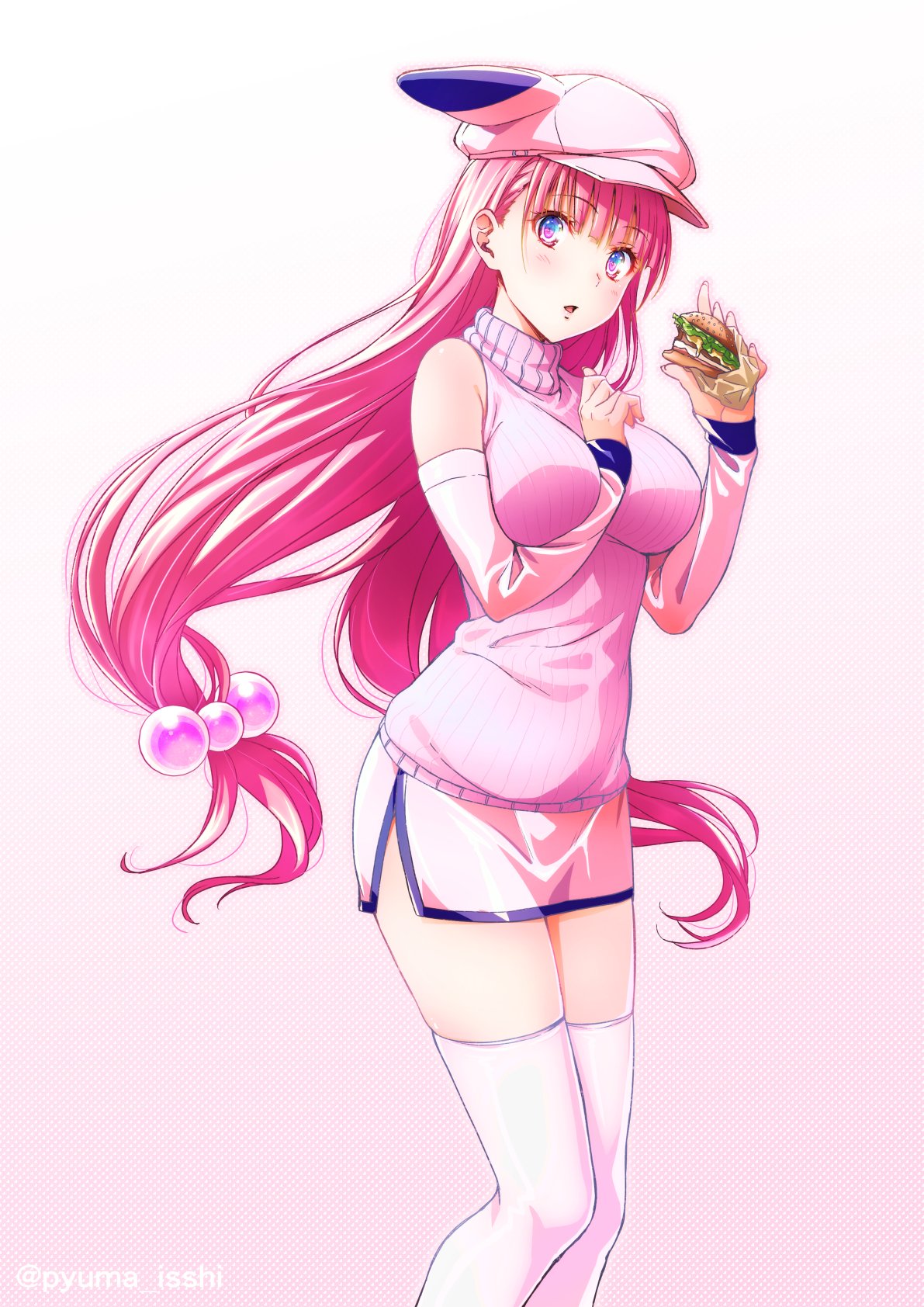 1girl bangs blue_eyes blunt_bangs blush detached_sleeves eyebrows_visible_through_hair floating_hair food gradient gradient_background hamburger hat highres holding holding_food long_hair looking_at_viewer mini_hat miniskirt multicolored multicolored_eyes open_mouth original pink_eyes pink_hair pink_skirt pink_vest puma_(hyuma1219) side_slit skirt solo standing thigh-highs twintails very_long_hair vest white_background white_legwear zettai_ryouiki