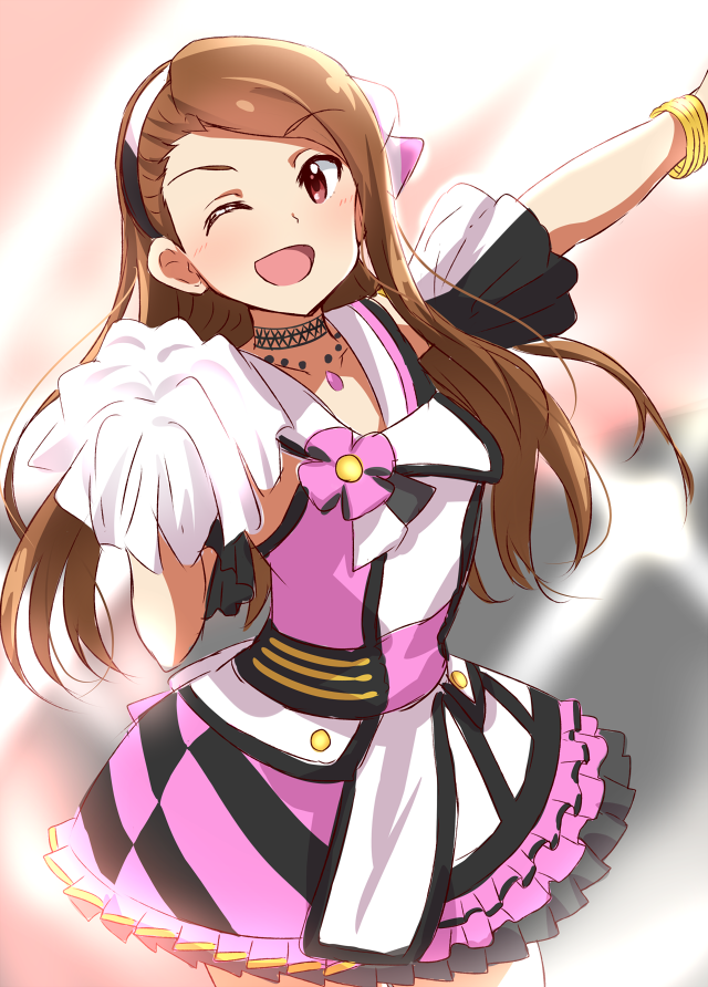 1girl ;d arm_strap brown_eyes brown_hair collarbone cowboy_shot eyebrows_visible_through_hair floating_hair hairband idol idolmaster idolmaster_(classic) jewelry lieass long_hair looking_at_viewer minase_iori miniskirt necklace one_eye_closed open_mouth outstretched_arm pom_poms skirt sleeveless smile solo stage standing