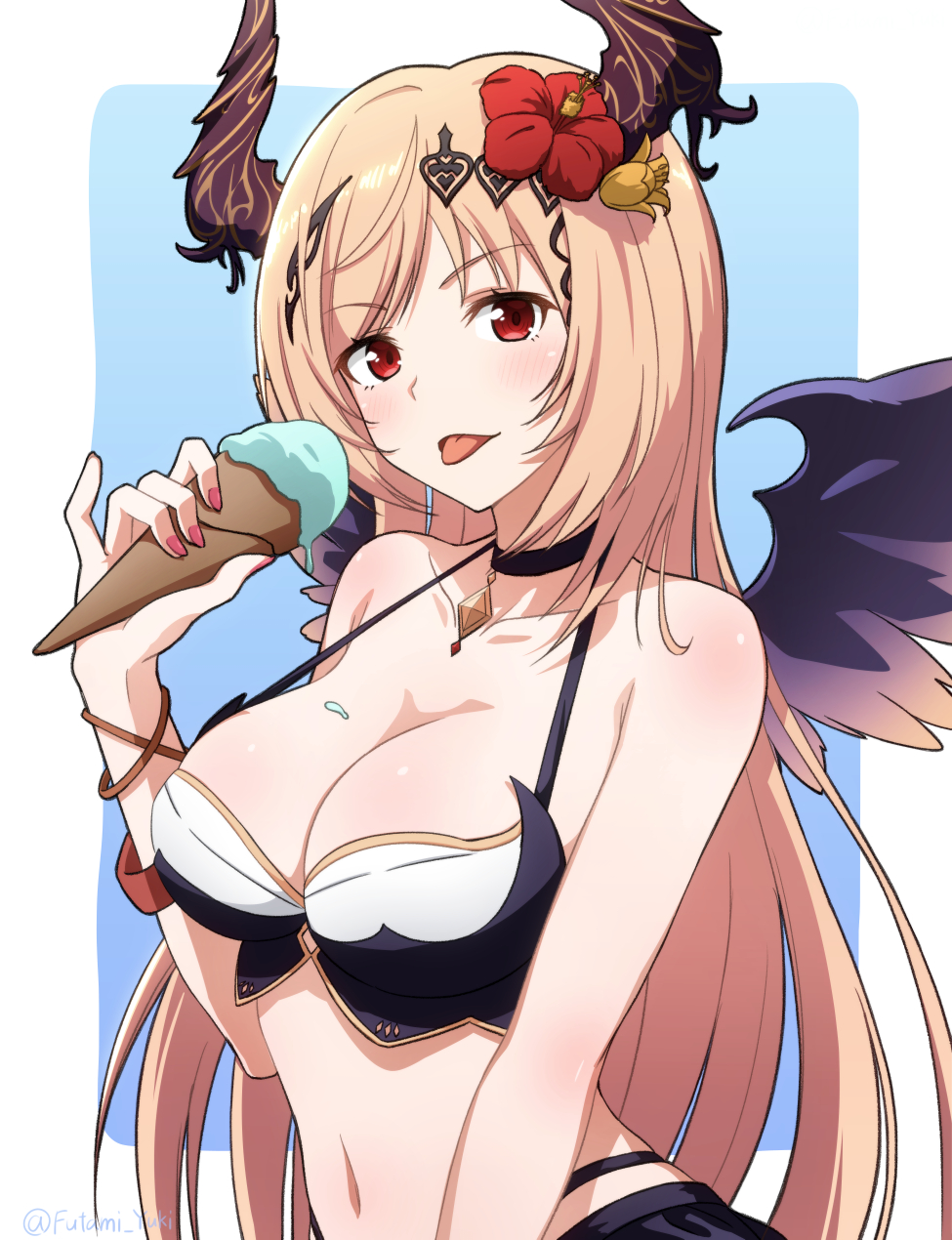 1girl bare_shoulders blush breasts brown_hair character_request choker cleavage collarbone eyebrows_visible_through_hair flower food futami_(mg42fw190d) granblue_fantasy hair_flower hair_ornament highres ice_cream ice_cream_cone large_breasts long_hair looking_at_viewer nail_polish parted_lips pink_nails red_eyes smile solo swimsuit tongue tongue_out twitter_username upper_body very_long_hair wings