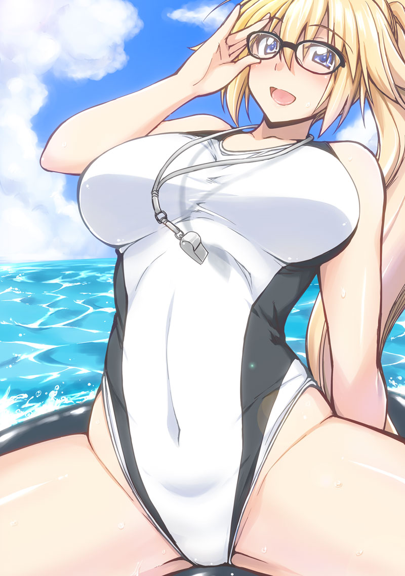 1girl blonde_hair blue_eyes blue_sky breasts clouds competition_swimsuit covered_navel eyebrows_visible_through_hair fate_(series) glasses highleg highleg_swimsuit jeanne_d'arc_(fate) jeanne_d'arc_(fate)_(all) large_breasts mikagami_sou one-piece_swimsuit open_mouth ponytail sitting sky solo spread_legs swimsuit water whistle whistle_around_neck white_swimsuit