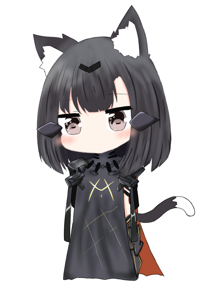 1girl animal_ear_fluff animal_ears bailingxiao_jiu bangs black_hair black_pants brown_eyes cat_ears cat_girl cat_tail character_request chibi closed_mouth eyebrows_visible_through_hair full_body girls_frontline hair_ornament hairclip long_hair pants simple_background solo standing tail white_background