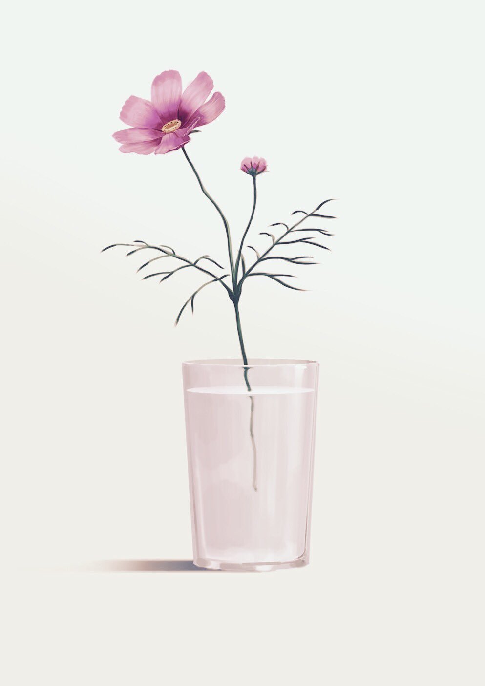 commentary_request flower flower_request glass grey_background highres leaf mitsu_ura no_humans original pink_flower plant potted_plant simple_background still_life water