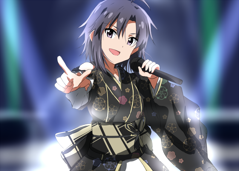 1girl :d antenna_hair asymmetrical_sleeves black_kimono blurry blurry_background eyebrows_visible_through_hair floral_print grey_eyes grey_hair hair_between_eyes head_tilt holding holding_microphone idol idolmaster idolmaster_(classic) index_finger_raised japanese_clothes kikuchi_makoto kimono lieass looking_at_viewer microphone obi open_mouth outstretched_arm print_kimono sash short_hair shoulder_cutout smile solo stage standing upper_body