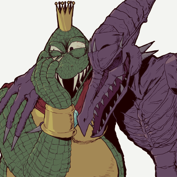2others alien arm_around_neck bracelet cape closed_eyes crocodilian crown donkey_kong_(series) donkey_kong_country fingernails grey_background hand_to_own_face hand_up jewelry king_k._rool kuzudon laughing male meme metroid monster nintendo open_mouth pteranodon rareware red_cape retro_studios ridley sharp_fingernails sharp_teeth simple_background sora_(company) super_smash_bros. super_smash_bros._ultimate super_smash_bros_crusade teeth veins