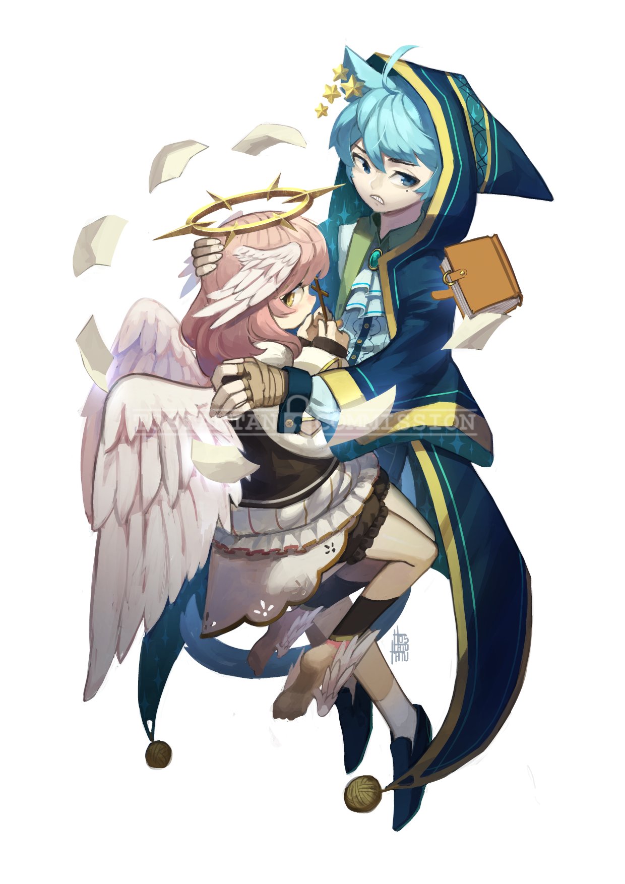 1boy 1girl ahoge angel_wings animal_ears ankle_wings ascot barefoot blue_coat blue_eyes blue_footwear blue_hair book commentary commission english_commentary feathered_wings fingerless_gloves gloves halo head_wings highres hood hood_up hug long_sleeves original parted_lips pink_hair shoes signature simple_background skirt socks star tostantan watermark white_background white_legwear white_neckwear white_skirt white_wings wings wristband yellow_eyes