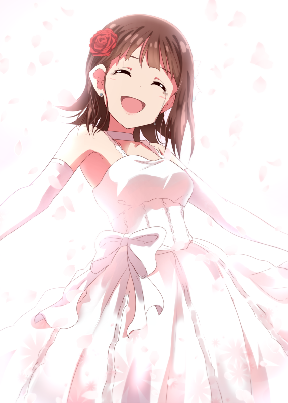 1girl amami_haruka bow brown_hair choker closed_eyes crying crying_with_eyes_open dress earrings elbow_gloves flower gloves hair_flower hair_ornament head_tilt idolmaster idolmaster_(classic) jewelry lieass open_mouth outstretched_arm red_flower red_rose ribbon ribbon_choker rose shiny shiny_hair short_hair simple_background sleeveless sleeveless_dress smile solo standing tears wedding_dress white_background white_bow white_dress white_gloves white_ribbon