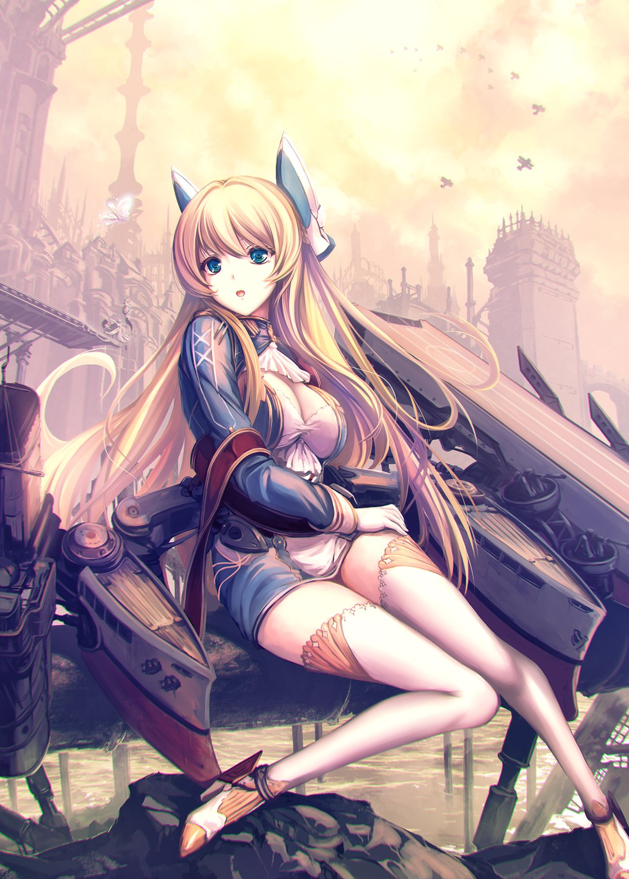 1girl aircraft airplane ankle_shoes ascot azur_lane bangs blonde_hair blue_eyes braid breasts bug butterfly cannon city cleavage cleavage_cutout dress floating_hair glorious_(azur_lane) gloves hair_between_eyes headgear highres insect large_breasts long_hair long_sleeves looking_away machinery medium_breasts open_mouth outdoors pipes reflection rigging rudder_shoes ruins short_dress sidelocks sitting solo statue taut_clothes taut_dress tenmaso thigh-highs turret very_long_hair water white_gloves white_legwear