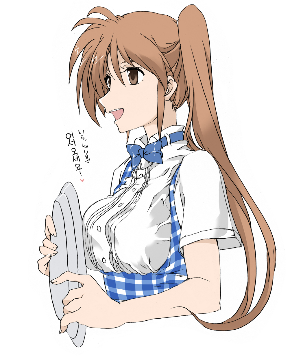 1girl alternate_costume bow bowtie breasts brown_eyes brown_hair cropped_torso elf_(stroll_in_the_woods) graphite_(medium) highres korean long_hair lyrical_nanoha mahou_shoujo_lyrical_nanoha partially_translated plaid ponytail shirt side_ponytail smile solo takamachi_nanoha tight_shirt traditional_media translation_request tray