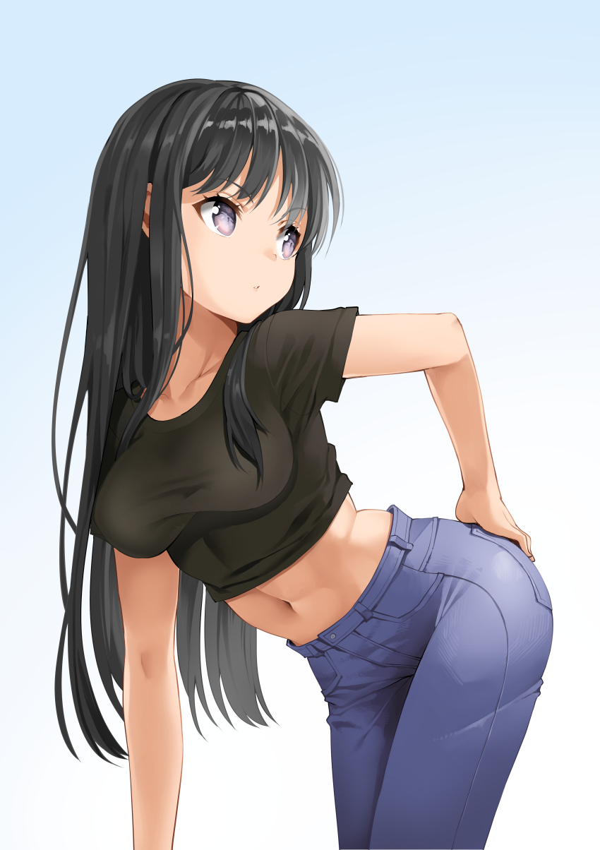 1girl bangs black_hair blue_background breasts casual contemporary denim eyebrows_visible_through_hair gradient gradient_background hair_between_eyes hand_on_hip head_tilt highres jeans leaning_forward long_hair looking_away looking_back medium_breasts murata_taichi navel original outstretched_arm pants parted_lips shirt short_sleeves simple_background solo standing straight_hair t-shirt violet_eyes