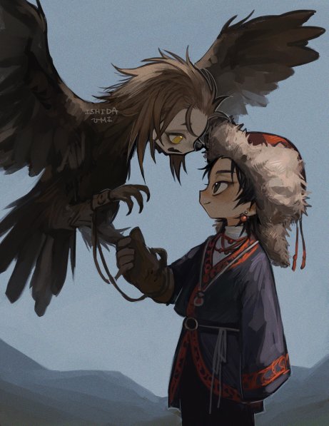 1boy 1girl artist_name bird black_gloves black_hair brown_feathers brown_gloves brown_hair cowboy_shot day earrings eye_contact falconry falconry_glove feathers from_side fur_hat fur_trim gloves grey_jacket harpy hat human_head ishida_umi jacket jewelry looking_at_another medium_hair messy_hair monster_girl mountainous_horizon open_mouth original outdoors profile red_headwear single_glove sleeves_past_fingers sleeves_past_wrists smile spread_wings standing watermark yellow_eyes