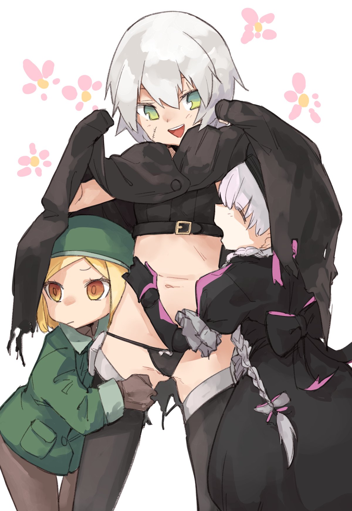 3girls :/ :d ass_visible_through_thighs bangs belt black_bow black_cape black_dress black_gloves black_legwear black_panties blonde_hair bow brown_legwear cape closed_eyes commentary_request dress elbow_gloves fate/grand_order fate_(series) gloves green_eyes green_hat green_jacket hands_up hat highres hug jack_the_ripper_(fate/apocrypha) jacket long_sleeves muchi_maro multiple_girls navel nursery_rhyme_(fate/extra) open_mouth orange_eyes panties pantyhose parted_bangs paul_bunyan_(fate/grand_order) puffy_short_sleeves puffy_sleeves short_hair short_sleeves smile standing thigh-highs thigh_gap underwear white_background white_hair