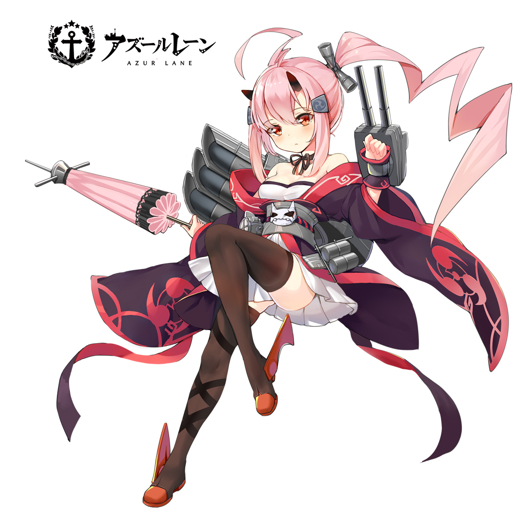 1girl azur_lane black_legwear breasts choker cleavage copyright_name full_body holding ikazuchi_(azur_lane) japanese_clothes machinery mitsudomoe_(shape) obi off_shoulder official_art oni_horns ootsuki_momiji oriental_umbrella pink_eyes pink_hair pleated_skirt ponytail ribbon_choker sash skirt small_breasts solo tachi-e thigh-highs tomoe_(symbol) torpedo_tubes turret umbrella zettai_ryouiki