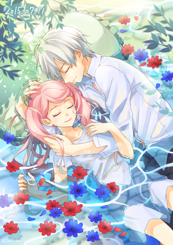 1boy 1girl bangs bekkourico black_pants blue_flower bra_strap braid closed_eyes collarbone couple day dress dress_shirt floating_hair flower frilled_pillow frills green_pillow hand_in_another's_hair hand_on_another's_head kakumeiki_valvrave l-elf lieselotte_w_dorssia lipstick long_hair lying makeup on_back on_side outdoors pants parted_bangs pillow pink_hair red_flower red_lips shirt short_dress short_sleeves silver_hair smile sundress twintails water wet wet_clothes wet_dress wet_shirt white_dress white_shirt