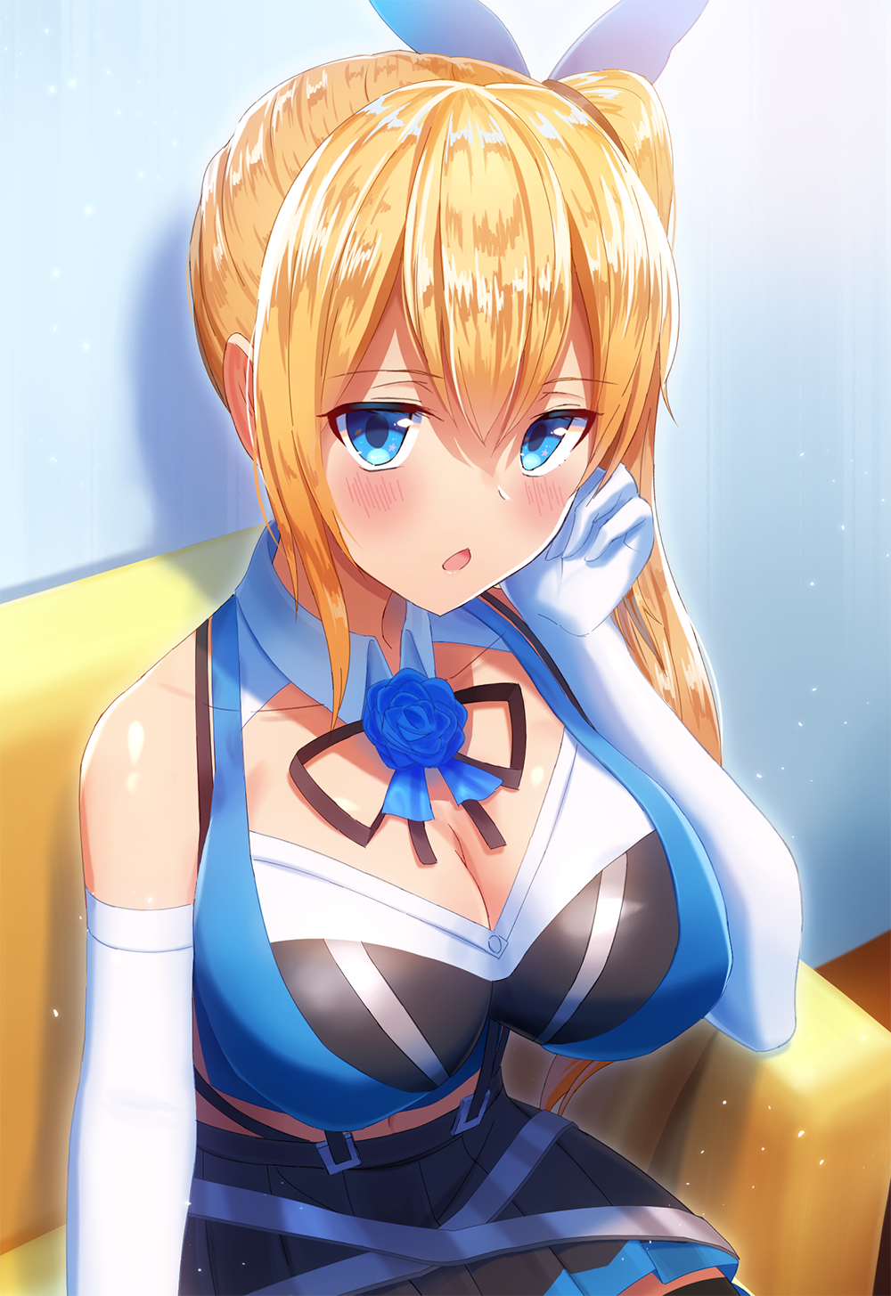 1girl armchair bangs bare_shoulders black_ribbon black_skirt blonde_hair blue_eyes blue_flower blue_rose blue_shirt blush breasts chair chestnut_mouth cleavage collarbone commentary_request elbow_gloves eyebrows_visible_through_hair flower gloves hair_between_eyes hand_up highres indoors large_breasts long_hair mikomiko_(mikomikosu) mirai_akari mirai_akari_project navel neck_ribbon parted_lips pleated_skirt ribbon rose shirt side_ponytail sidelocks skirt sleeveless sleeveless_shirt solo very_long_hair virtual_youtuber white_gloves