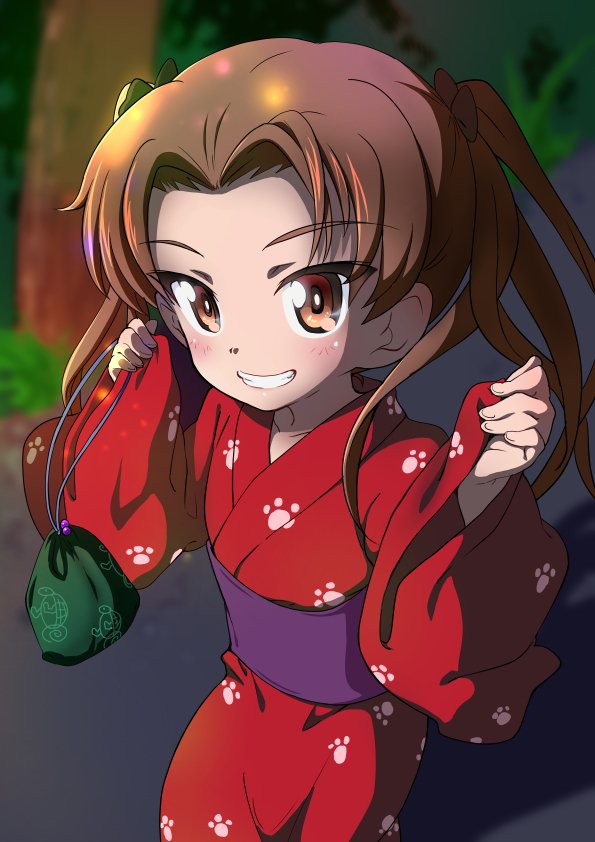 1girl bag bangs black_bow blurry blurry_background bow brown_eyes brown_hair commentary depth_of_field eyebrows_visible_through_hair girls_und_panzer grin hair_bow handbag holding holding_purse japanese_clothes kadotani_anzu kanau kimono long_hair long_sleeves looking_at_viewer night obi parted_bangs paw_print print_kimono red_kimono sash smile solo standing twintails w_arms wide_sleeves