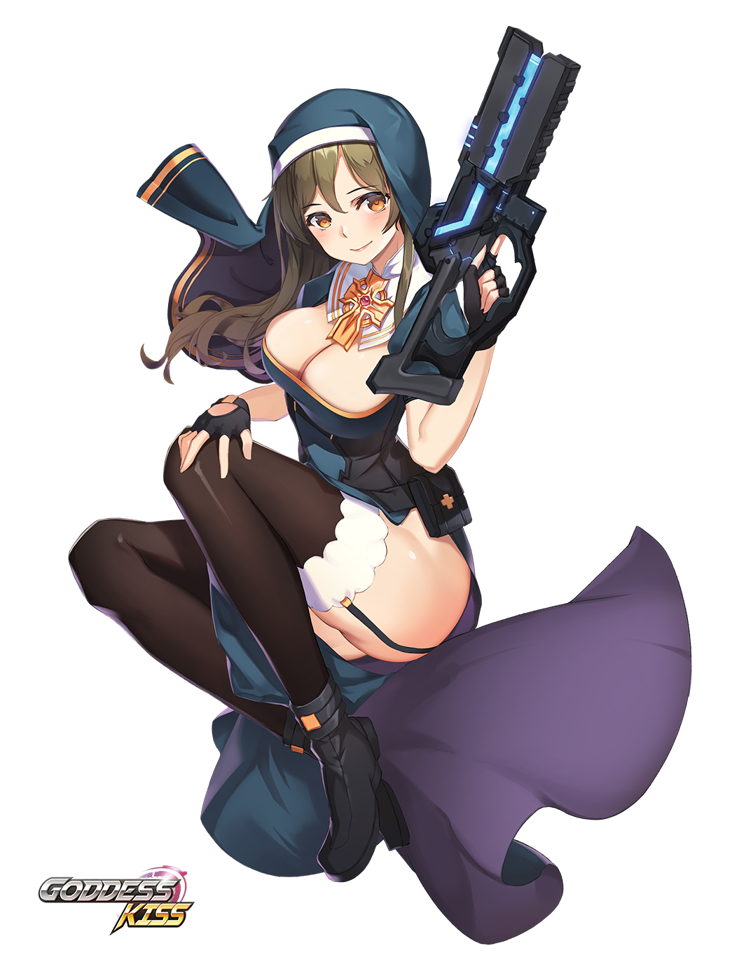 1girl bangs blush bow bowtie breasts brown_hair brown_legwear cleavage cross energy_gun full_body goddess_kiss gun highres holding holding_gun holding_weapon invisible_chair large_breasts laser_rifle legs_together medium_hair milyu nun orange_eyes simple_background sitting solo thigh-highs trigger_discipline weapon white_background