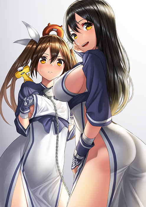 2girls :d ainu_clothes ass black_hair blush breasts brown_eyes brown_hair chains chikuma_(kantai_collection) closed_mouth commentary_request cosplay dress hair_between_eyes hair_ribbon kamoi_(kantai_collection) kamoi_(kantai_collection)_(cosplay) kantai_collection kyon_(fuuran) large_breasts lips long_hair looking_at_viewer multiple_girls open_mouth pelvic_curtain ribbon sideboob small_breasts smile tone_(kantai_collection) twintails upper_teeth white_ribbon wrist_guards