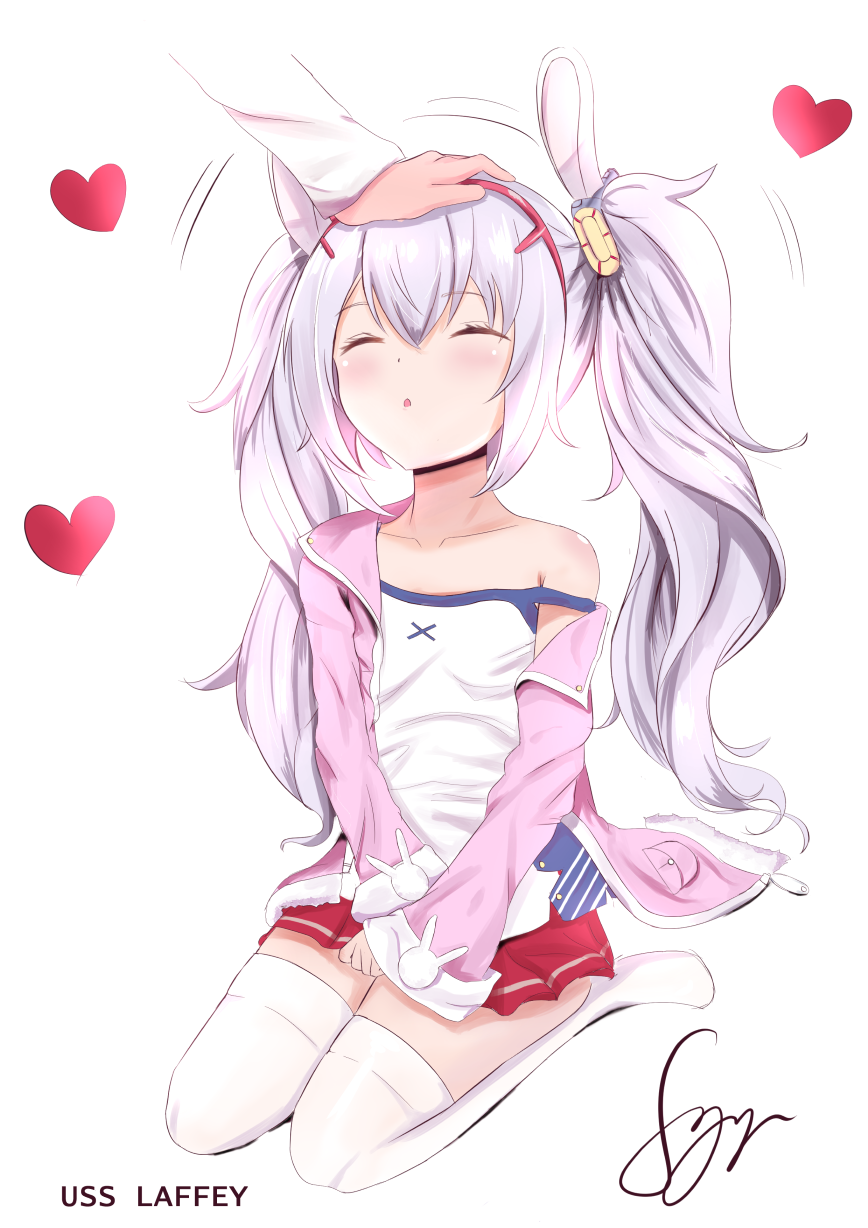1girl :o animal_ears azur_lane camisole character_name closed_eyes collarbone cropped_arms facing_viewer hair_ornament hairband heart highres jacket laffey_(azur_lane) long_hair long_sleeves no_shoes off_shoulder open_clothes open_jacket out_of_frame outline parted_lips petting pink_jacket pleated_skirt rabbit_ears red_hairband red_skirt seiza silver_hair sitting skirt sleeves_past_wrists solo_focus strap_slip syyn_(syyndev) thigh-highs twintails very_long_hair white_camisole white_legwear white_outline