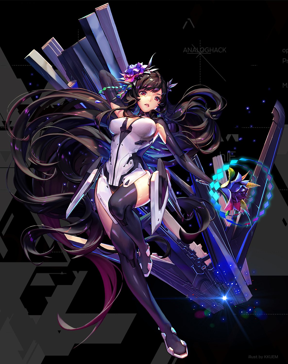 1girl arm_up beatless black_background black_gloves black_hair black_legwear boots bouquet breasts cleavage crossover destiny_child elbow_gloves eyebrows_visible_through_hair flower full_body gloves hair_flower hair_ornament highres huge_weapon kkuem large_breasts leg_up leotard long_hair parted_lips sidelocks simple_background solo thigh-highs thigh_boots violet_eyes weapon