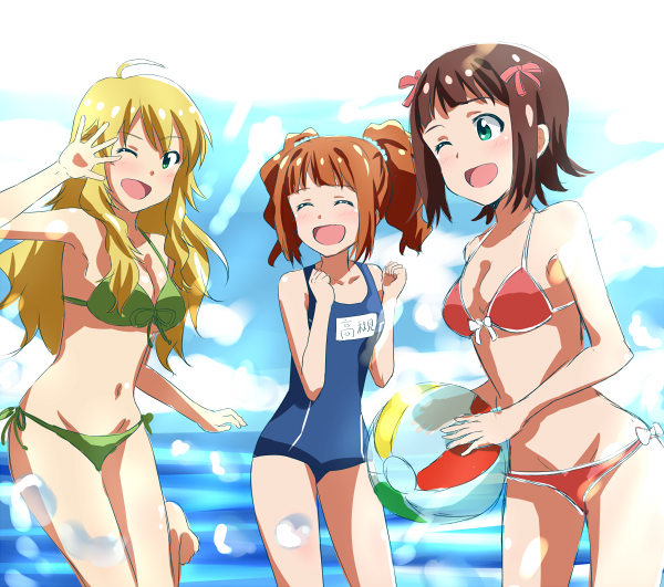 3girls ;d ahoge amami_haruka ball beachball bikini blonde_hair blue_swimsuit blush bow breasts brown_hair character_name cleavage closed_eyes collarbone cowboy_shot day eyebrows_visible_through_hair green_bikini green_eyes hair_between_eyes hair_bow hair_ornament hair_scrunchie holding holding_ball hoshii_miki idolmaster idolmaster_(classic) lieass long_hair looking_at_viewer medium_breasts multiple_girls navel ocean one_eye_closed open_mouth outdoors red_bikini red_bow school_swimsuit scrunchie shiny shiny_hair short_hair side-tie_bikini sketch smile standing swimsuit takatsuki_yayoi transparent twintails white_bow