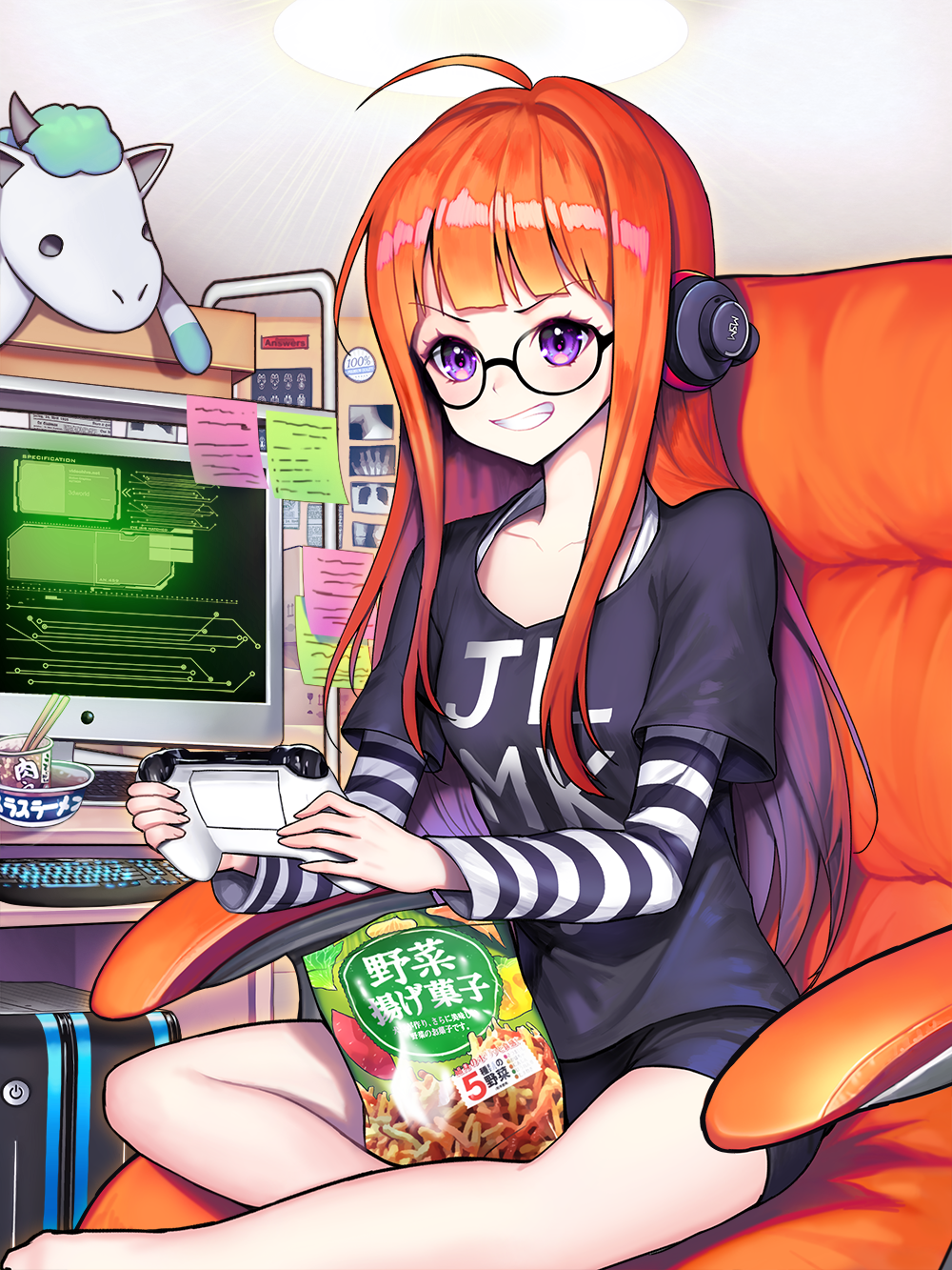 1girl blush computer controller glasses headphones highres kyundoo long_hair looking_at_viewer orange_hair persona persona_5 sakura_futaba smile snack solo striped teeth violet_eyes