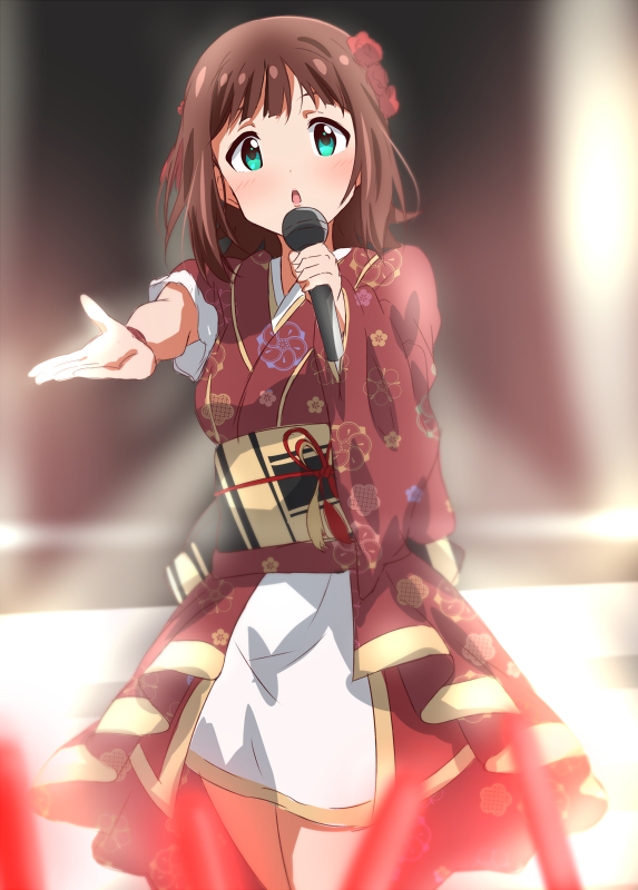 1girl amami_haruka aqua_eyes asymmetrical_sleeves blurry blurry_background blurry_foreground bracelet brown_hair cowboy_shot floral_print flower hair_flower hair_ornament holding holding_microphone idol idolmaster idolmaster_(classic) japanese_clothes jewelry kimono lieass looking_at_viewer microphone miniskirt music obi open_mouth outstretched_arm print_kimono red_flower red_kimono red_rose rose sash short_hair singing sketch skirt solo stage standing white_skirt