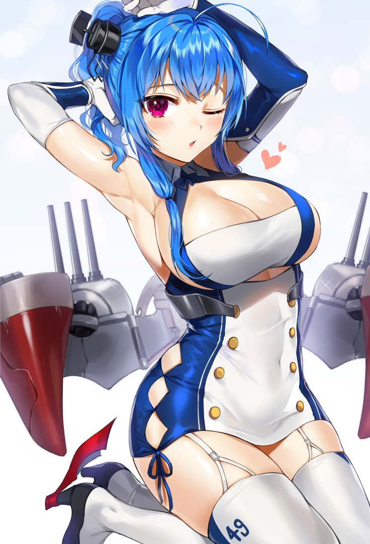 1girl ahoge armpits arms_up azur_lane bangs bare_shoulders blue_hair blush breasts cleavage clothes_writing dress elbow_gloves eyebrows_visible_through_hair flying_heart garter_straps gijang gloves gradient gradient_background hair_between_eyes hair_ornament hand_behind_head kneeling large_breasts long_hair looking_at_viewer machinery one_eye_closed open_mouth ribbon rigging rudder_shoes short_dress sidelocks simple_background skindentation solo st._louis_(azur_lane) thigh-highs violet_eyes white_gloves white_legwear