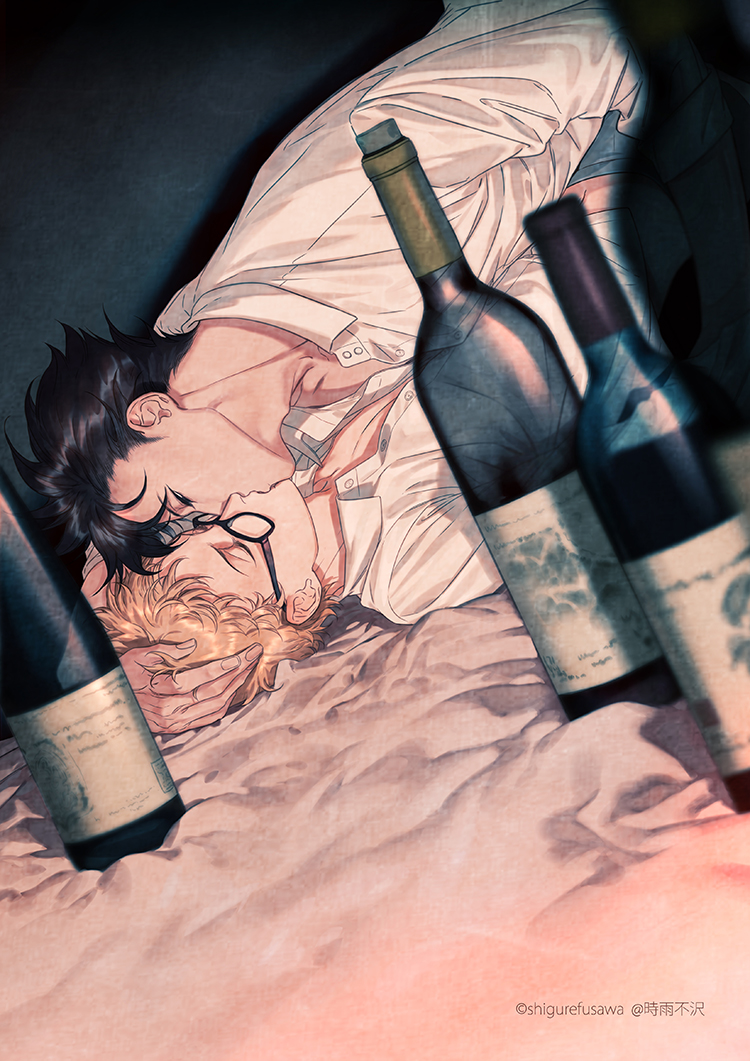 2boys arm_support bangs black-framed_eyewear black_eyes black_hair blurry bottle closed_eyes collarbone collared_shirt commentary_request dark depth_of_field dress_shirt drunk dutch_angle face-to-face glasses haikyuu!! half-closed_eyes indoors kinsatsu_(grizzled) kiss kuroo_tetsurou long_sleeves male_focus multiple_boys orange_hair pants shirt spiky_hair tsukishima_kei unbuttoned unbuttoned_shirt white_shirt wine_bottle wing_collar yaoi