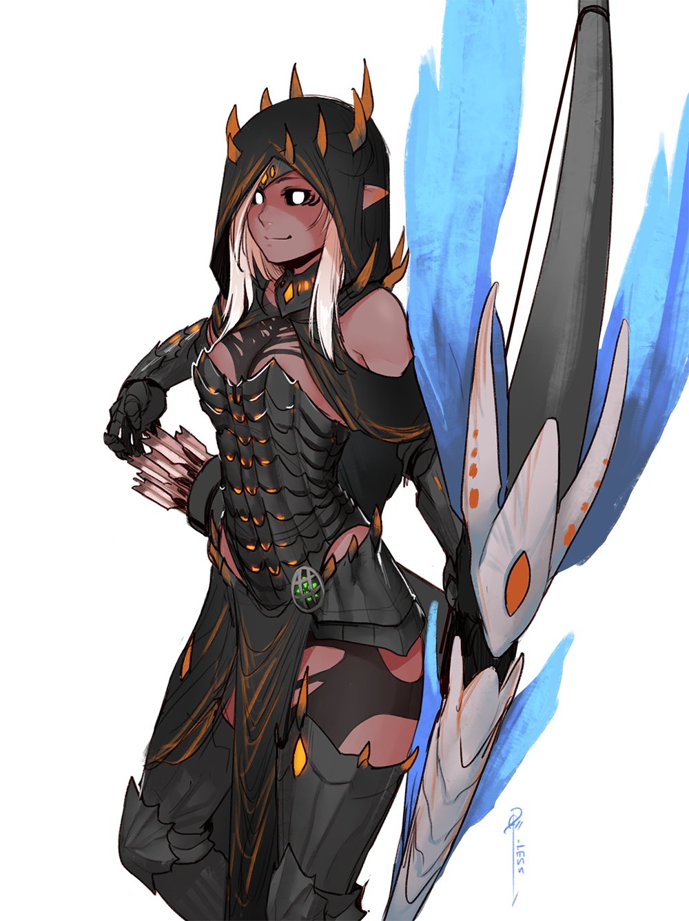 1girl armor arrow bare_shoulders black_sclera blonde_hair boots bow_(weapon) breastplate breasts cleavage commentary ears_through_headwear english_commentary faulds gauntlets highres holding holding_bow_(weapon) holding_weapon hood hood_up large_breasts less looking_at_viewer metal_boots monster_hunter monster_hunter:_world original pelvic_curtain pointy_ears quiver signature simple_background smile solo spikes standing thigh-highs thigh_boots vaal_hazak_(armor) weapon white_background white_eyes