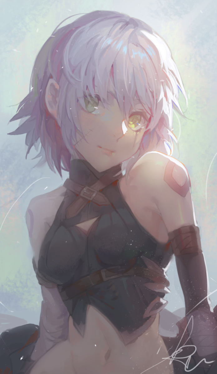 1girl black_vest breasts closed_mouth commentary_request elbow_gloves fate/apocrypha fate_(series) gloves green_eyes jack_the_ripper_(fate/apocrypha) kuroduki_(pieat) looking_at_viewer navel purple_hair scar scar_across_eye short_sleeves signature small_breasts smile solo upper_body vest
