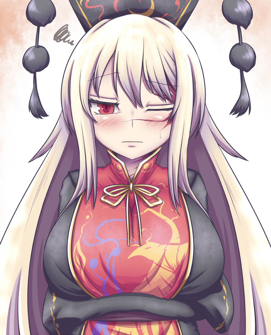 1girl bangs black_dress blonde_hair breast_hold breasts chinese_clothes commentary_request crescent dress expressionless facial_scar headdress huge_breasts junko_(touhou) long_hair long_sleeves looking_at_viewer one_eye_closed parted_bangs red_eyes scar solo tabard touhou xialu_zajin