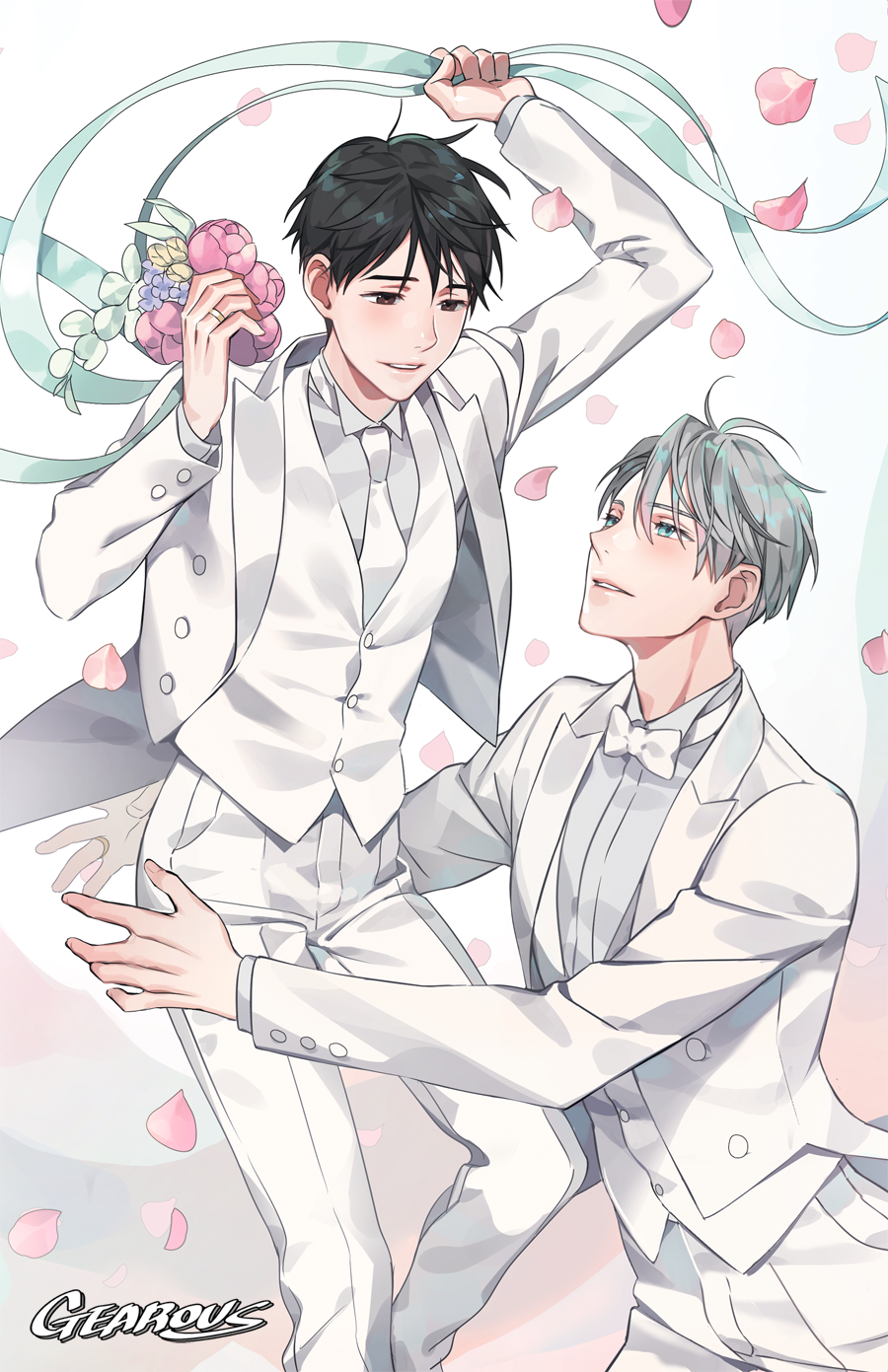 2boys artist_name black_hair blue_eyes bouquet brown_eyes couple eyebrows_visible_through_hair fingernails flower formal gearous grey_background grey_hair half-closed_eyes highres husband_and_husband jewelry katsuki_yuuri light_smile looking_at_another looking_down looking_up male_focus multiple_boys necktie petals pink_flower pink_rose purple_flower ribbon ring rose short_hair simple_background smile suit teeth vest viktor_nikiforov wedding_ring white_background white_flower white_suit yaoi yellow_flower yuri!!!_on_ice
