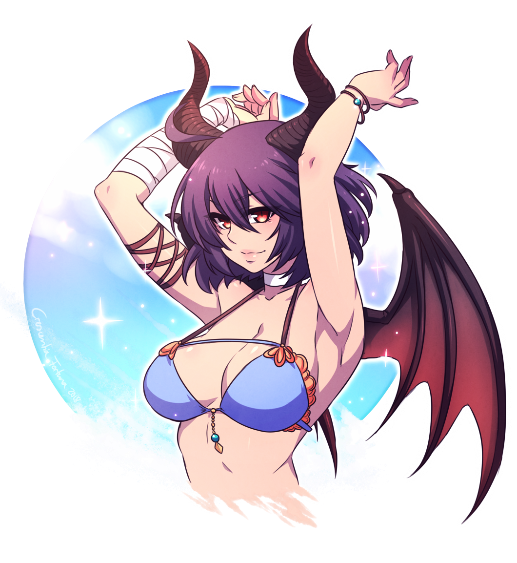 1girl 2018 armpits arms_up artist_name bandage bandaged_arm bandages blue_bikini_top breasts choker closed_mouth clouds collarbone crescentia cropped_torso dragon_horns dragon_wings eyebrows_visible_through_hair granblue_fantasy grea_(shingeki_no_bahamut) hair_between_eyes horns large_breasts number red_eyes short_hair solo sparkle strap_gap transparent_background upper_body v-shaped_eyebrows wings