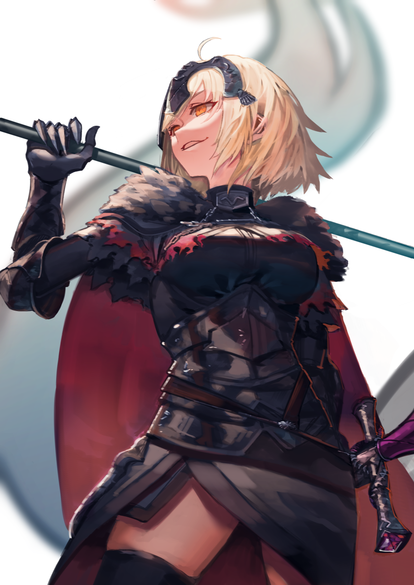ahoge armor armored_dress bangs black_dress breasts cape chains commentary_request dress eyebrows_visible_through_hair fate/apocrypha fate/grand_order fate_(series) flag fur-trimmed_cape fur_collar fur_trim gauntlets headpiece highres jeanne_d'arc_(alter)_(fate) jeanne_d'arc_(fate)_(all) large_breasts short_hair silver_hair sword thigh-highs ukimesato weapon yellow_eyes