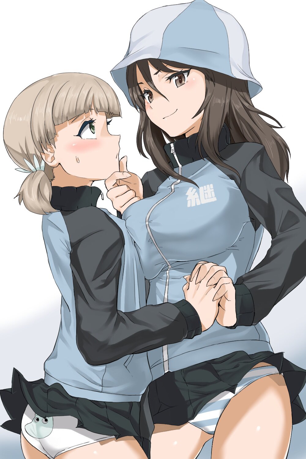 2girls aki_(girls_und_panzer) ass asymmetrical_docking back-print_panties bangs blue_hat blue_jacket blue_panties blue_skirt blush breast_press breasts brown_eyes brown_hair commentary emblem from_side fujitsubo_(hujitubo0731) girls_und_panzer green_eyes hair_tie hand_holding hand_on_another's_chin hat highres interlocked_fingers jacket keizoku_military_uniform large_breasts light_brown_hair long_hair long_sleeves looking_at_another mika_(girls_und_panzer) military military_uniform miniskirt moomin moomintroll multiple_girls namesake panties parted_lips pleated_skirt print_panties raglan_sleeves short_hair short_twintails simple_background skirt skirt_lift smirk striped striped_panties sweatdrop track_jacket twintails underwear uniform white_background white_panties wind wind_lift zipper