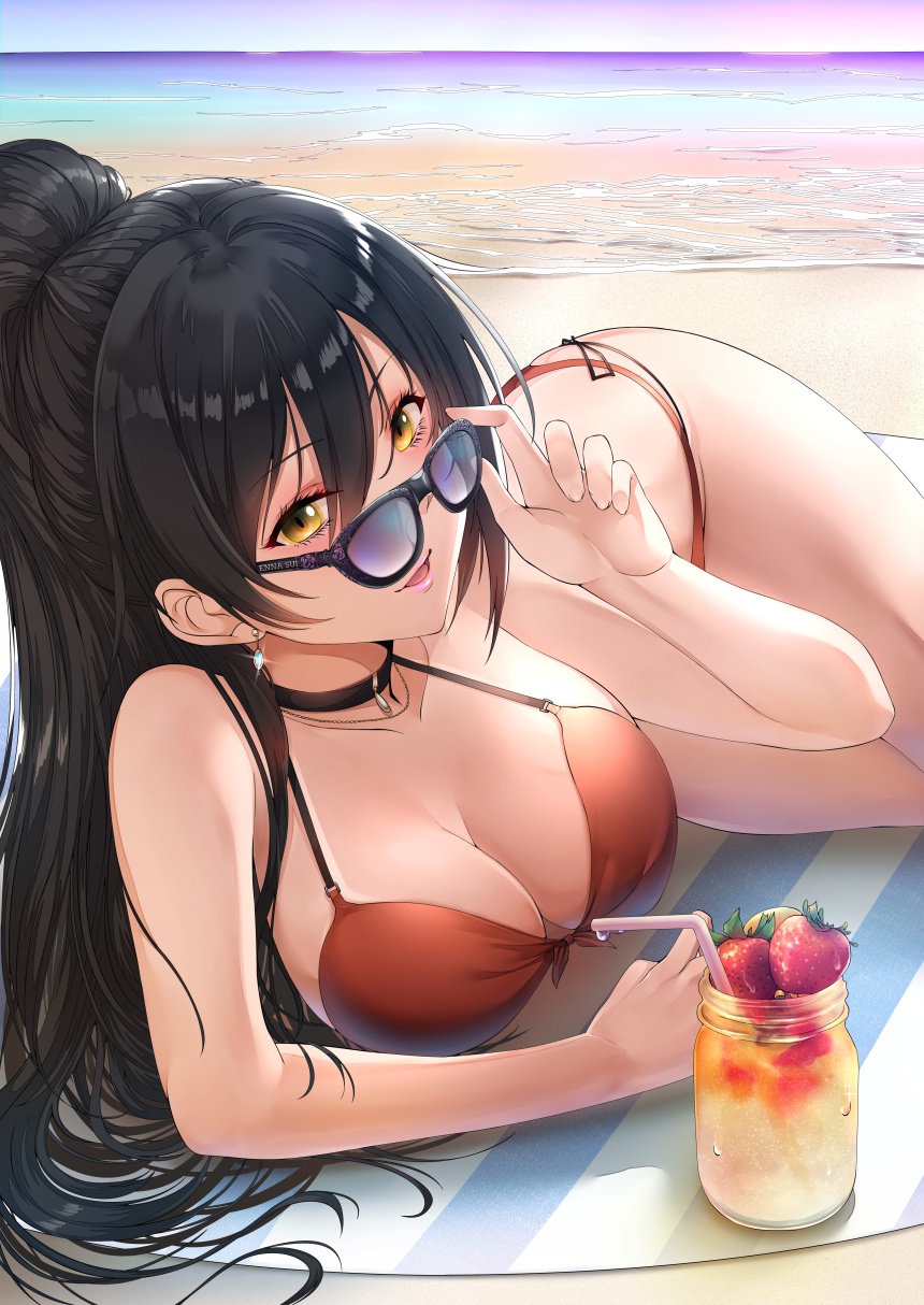 1girl beach bikini breasts choker cleavage commentary_request drink highres maou(demonlord) ocean ponytail shirase_sakuya smile solo sunglasses swimsuit tagme