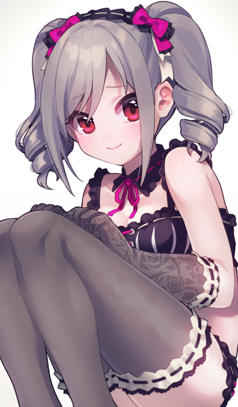 1girl bangs bikini black_bikini bow breasts commentary detached_collar drill_hair elbow_gloves feet_out_of_frame floral_print gloves gothic_lolita grey_hair hairband hands_on_own_knees highres idolmaster idolmaster_cinderella_girls kanzaki_ranko light_smile lolita_fashion lolita_hairband long_hair looking_at_viewer medium_breasts midriff pale_skin pantyhose red_eyes sheer_gloves sheer_legwear simple_background sitting solo swimsuit thigh-highs twintails uso_(ameuzaki) white_background