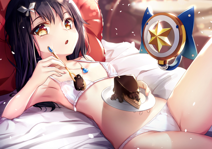 1girl armpits bangs bare_arms bare_shoulders bed black_hair blurry blurry_background blush bra breasts brown_eyes cake chocolate_cake commentary_request depth_of_field eyebrows_visible_through_hair fate/kaleid_liner_prisma_illya fate_(series) food fork hair_between_eyes hair_ornament holding holding_fork holding_plate indoors jewelry kaleidostick long_hair looking_at_viewer lying magical_sapphire miyu_edelfelt on_back on_bed panties parted_lips pendant pillow plate revision small_breasts solo star underwear white_bra white_panties yan_(nicknikg)
