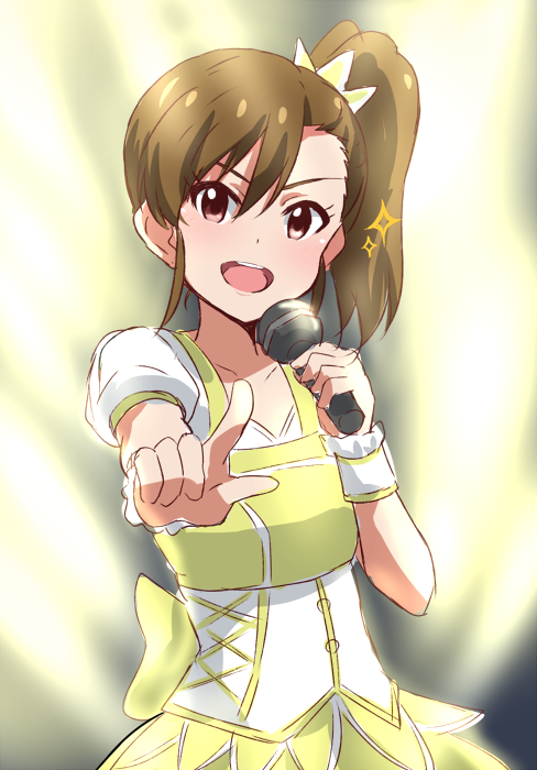 1girl :d bow brown_eyes brown_hair collarbone dress futami_mami hair_between_eyes hair_ornament head_tilt high_ponytail holding holding_microphone idolmaster idolmaster_(classic) index_finger_raised lieass long_hair looking_at_viewer microphone open_mouth short_sleeves side_ponytail sketch smile solo wrist_cuffs yellow_bow yellow_dress