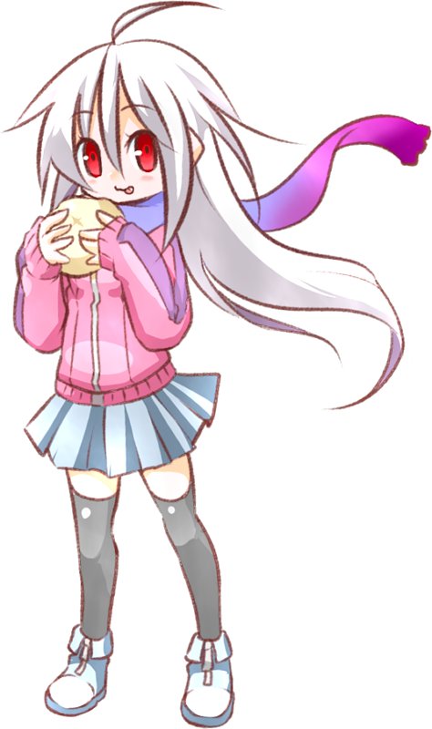 1girl ahoge bangs blue_footwear blue_skirt blush boots closed_mouth commentary_request eyebrows_visible_through_hair food full_body gradient gradient_scarf grey_legwear hair_between_eyes holding holding_food hono jacket licking_lips long_hair long_sleeves looking_at_viewer official_art pink_jacket pink_scarf pleated_skirt purple_scarf red_eyes scarf simple_background skirt sleeves_past_wrists solo standing suguri suguri_(character) thigh-highs tongue tongue_out very_long_hair white_background white_hair