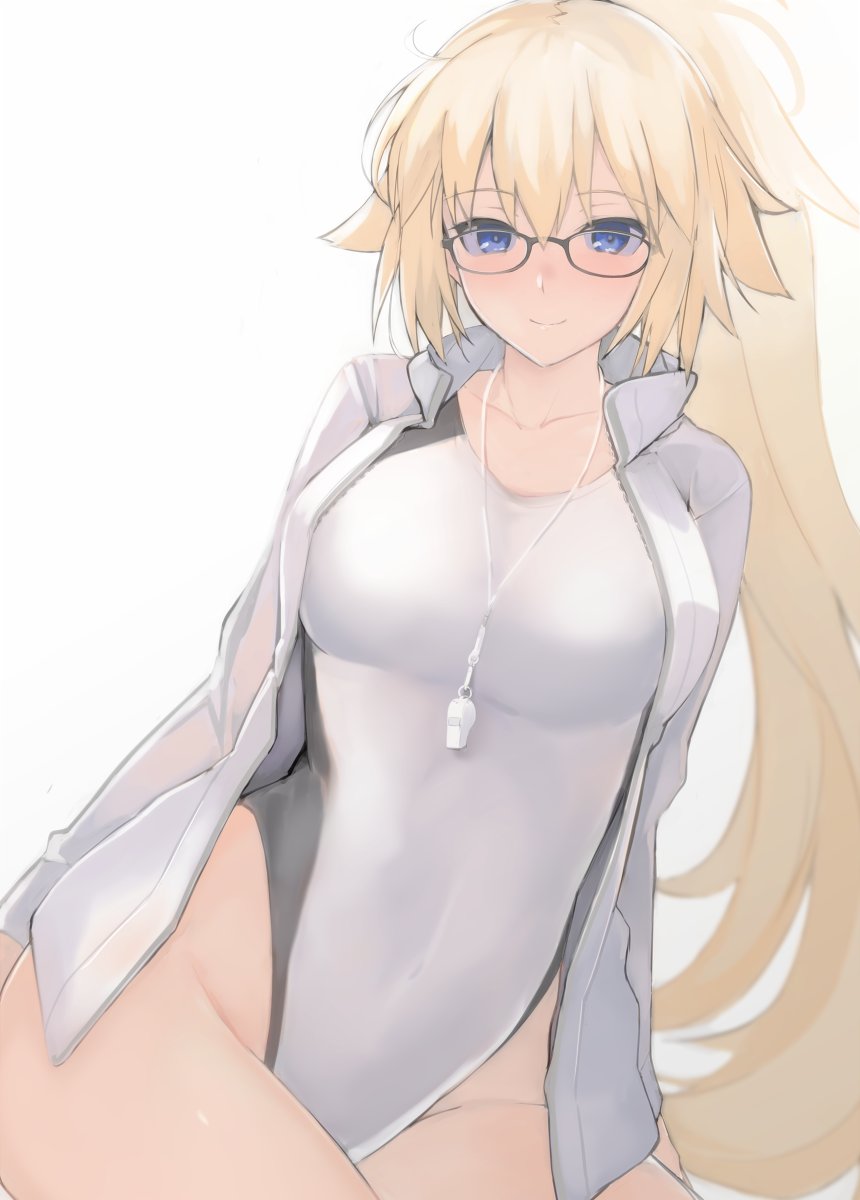1girl black-framed_eyewear blonde_hair blue_eyes cowboy_shot fate/apocrypha fate/grand_order fate_(series) glasses highres hood hooded_jacket jacket jeanne_d'arc_(fate) jeanne_d'arc_(fate)_(all) jeanne_d'arc_(swimsuit_archer) long_hair looking_at_viewer mobu ponytail simple_background smile solo swimsuit very_long_hair whistle whistle_around_neck white_background white_jacket white_swimsuit