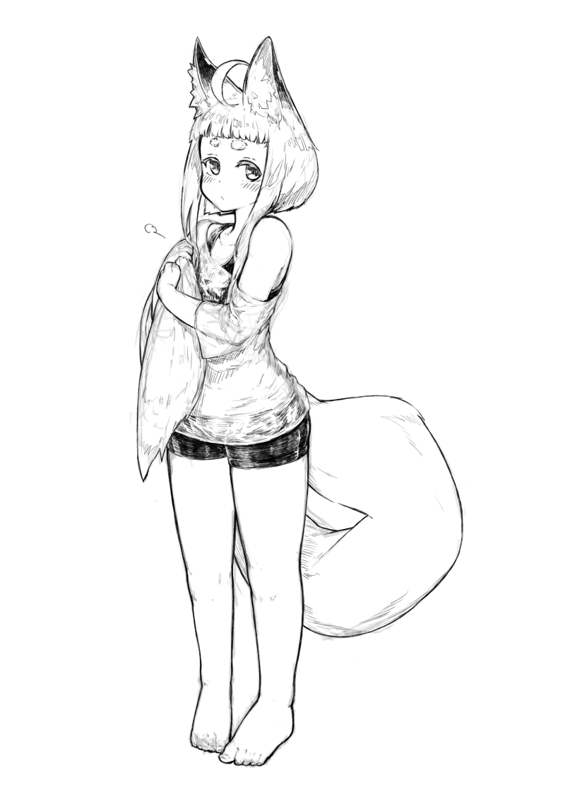 1girl ahoge animal_ear_fluff animal_ears bangs barefoot bike_shorts blunt_bangs fox_ears fox_girl_(jaco) fox_tail full_body greyscale holding_own_tail jaco looking_at_viewer monochrome off_shoulder original shirt short_hair_with_long_locks sidelocks simple_background solo standing tail thick_eyebrows white_background