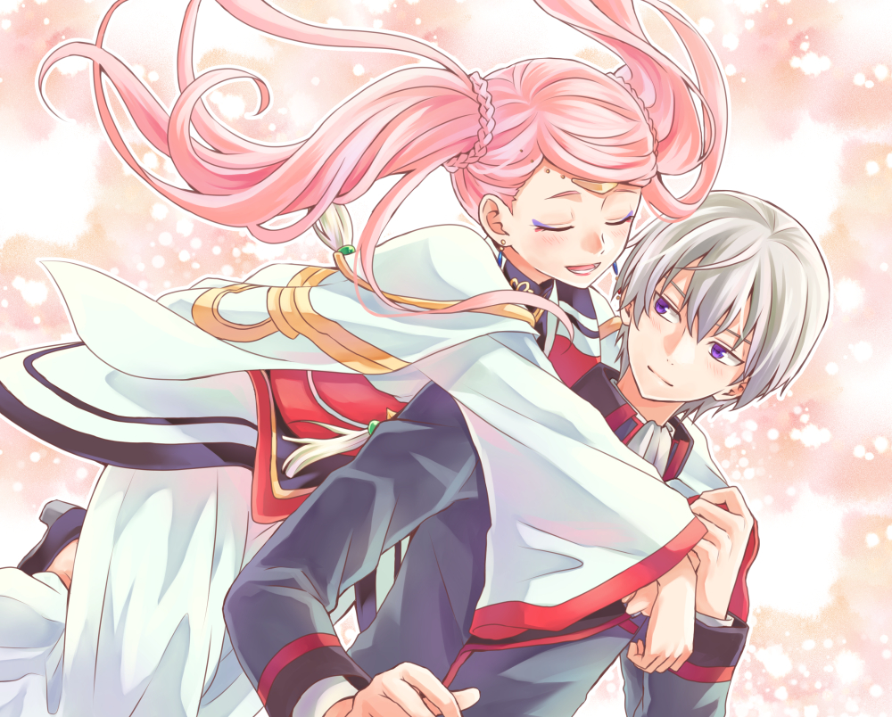 1boy 1girl :d ascot bekkourico braid closed_eyes couple floating_hair grey_jacket hug hug_from_behind jacket kakumeiki_valvrave l-elf lieselotte_w_dorssia long_hair long_skirt makeup mascara military military_uniform open_mouth pink_hair pumps shirt silver_hair skirt smile twintails uniform violet_eyes white_neckwear white_shirt white_skirt