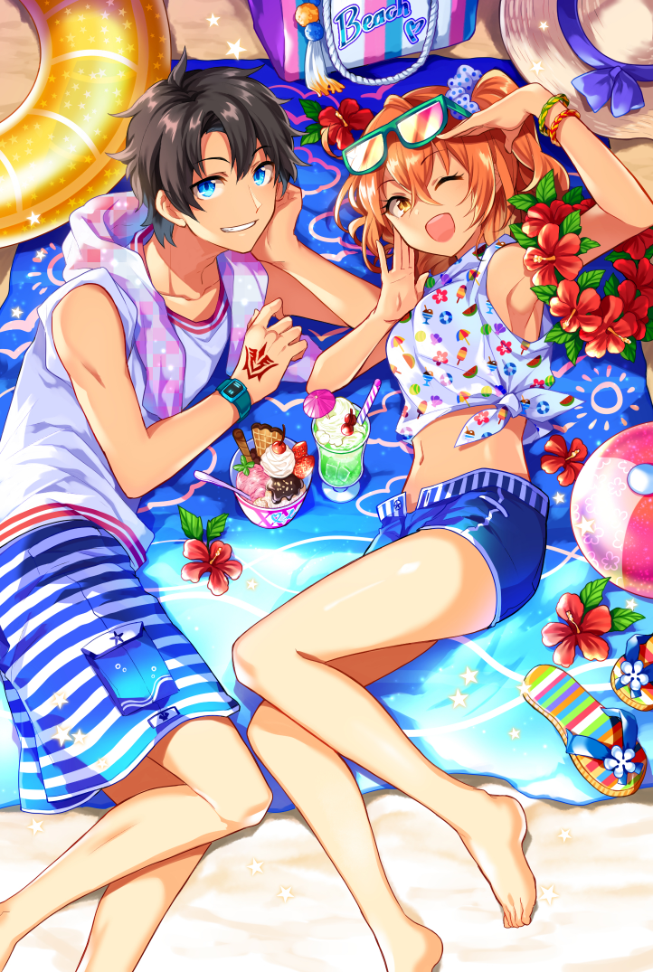 1boy 1girl ;d armpits barefoot beach beach_towel black_hair blue_eyes blue_ribbon blue_shorts bracelet chin_rest collarbone command_spell eyebrows_visible_through_hair eyewear_on_head fate/grand_order fate_(series) flower flower_wreath food fujimaru_ritsuka_(female) fujimaru_ritsuka_(male) grin hair_between_eyes hair_ornament hair_scrunchie hat hat_ribbon hibiscus ice_cream innertube jewelry lying male_swimwear midriff navel on_side one_eye_closed one_side_up open_clothes open_mouth open_shorts orange_eyes orange_hair polka_dot polka_dot_scrunchie ribbon ririkuto scrunchie shirt short_shorts shorts sleeves_rolled_up slippers smartwatch smile sun_hat sunglasses swim_trunks swimwear tied_shirt towel