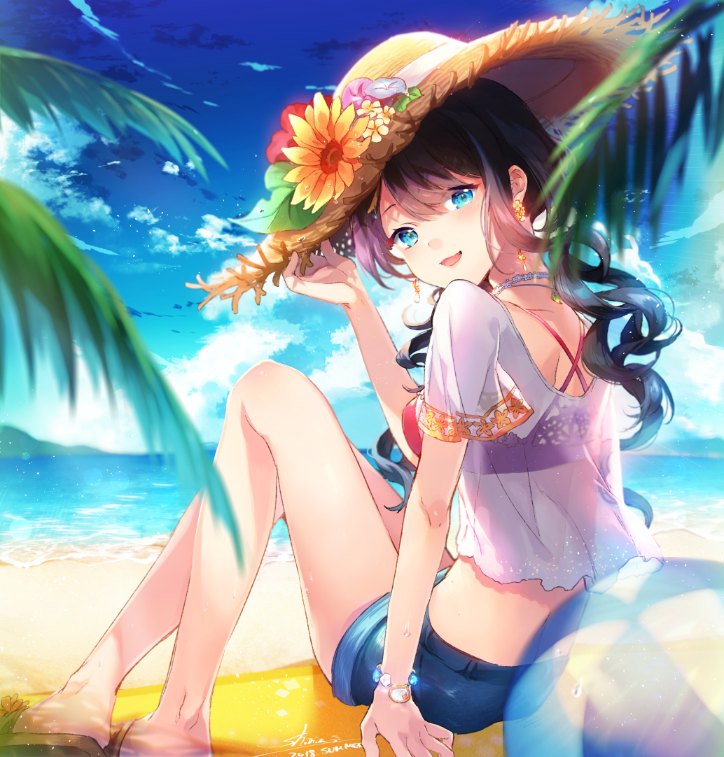 1girl :d arm_up ball bangs beach beachball bikini_top black_hair blue_eyes blue_flower blue_shorts blue_sky blurry blurry_foreground blush clouds day depth_of_field dutch_angle earrings eyebrows_visible_through_hair flower food fruit hair_between_eyes hand_on_headwear hat hat_flower horizon jewelry long_hair looking_at_viewer looking_to_the_side ocean open_mouth orange_flower original outdoors palm_tree purple_flower red_bikini_top red_flower sand see-through shinia shirt short_shorts short_sleeves shorts sitting sky smile solo strawberry summer transparent tree very_long_hair water white_shirt wide_sleeves