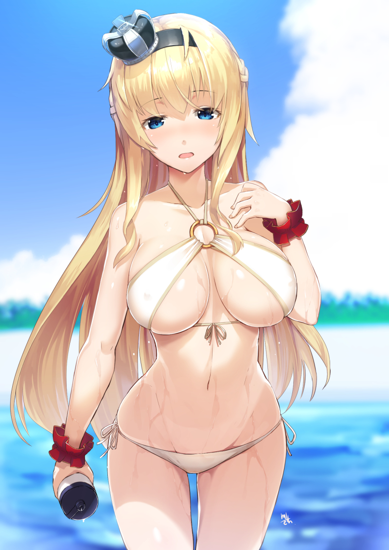 1girl alternate_costume bare_shoulders beach bikini blonde_hair blue_eyes blurry blurry_background blush bottle braid breasts cleavage collarbone commentary_request cowboy_shot crown day eyebrows_visible_through_hair french_braid groin hair_between_eyes holding holding_bottle kantai_collection long_hair looking_at_viewer meth_(emethmeth) mini_crown navel o-ring o-ring_top open_mouth outdoors scrunchie side-tie_bikini signature stomach swimsuit thighs warspite_(kantai_collection) wet white_bikini wrist_scrunchie